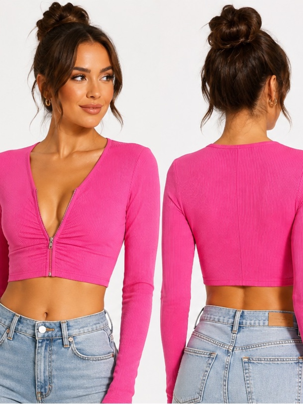 Naked Wardrobe Plunge hot-pink ribbed crop top $88